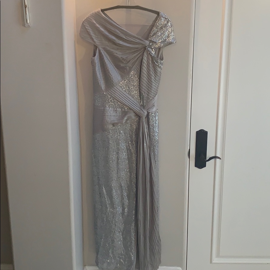 Tadashi Shoji Silver Sequined & Draped Gown